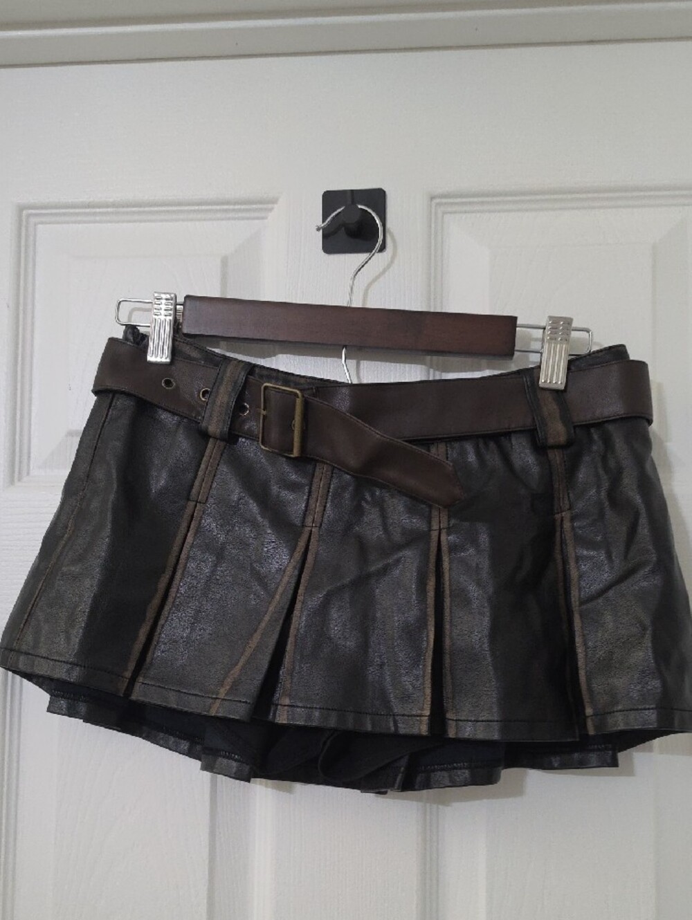 Edikted Black Faux Leather Pleated Mini Skirt with Brown Belt - Picture 4 of 5